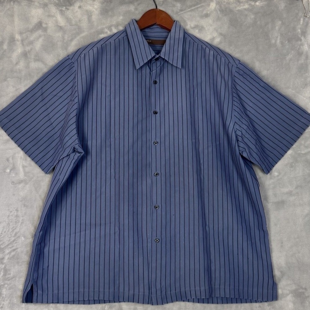 Perry Ellis Button Down Men XXL Blue Pinstripe Short‎ Sleeve Casual Shirt